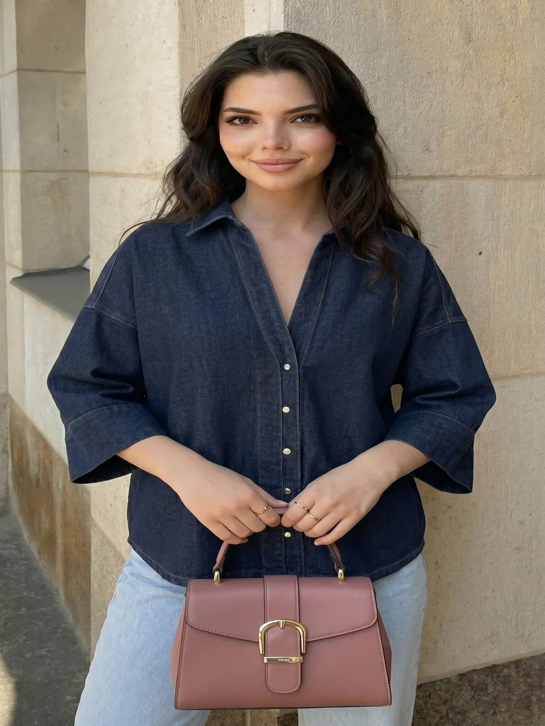 womens solid blue denim shirt